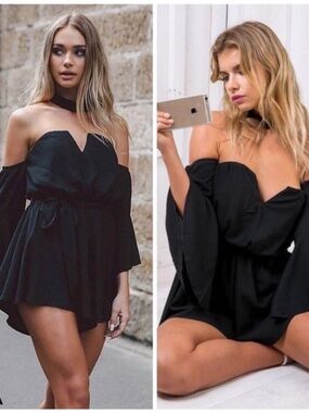 The Clothing Company Black Flowy Romper with Tie, Collar, and V Neck Line